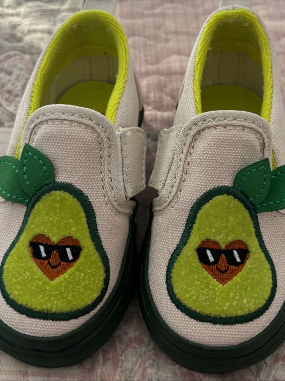 Vans Kids Slip-On Sneakers with Avocado Patch — White, Green, Neon Yellow